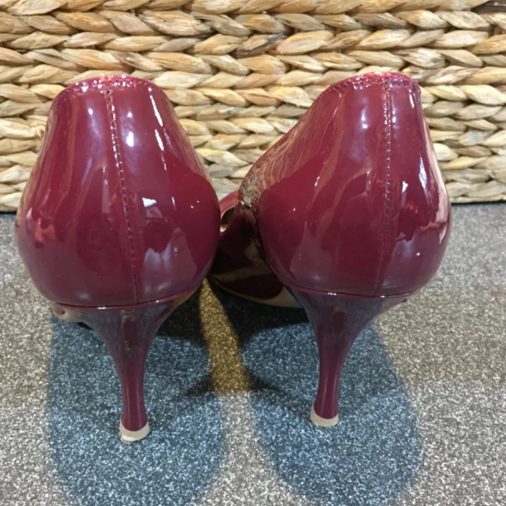 Salvatore Ferragamo Burgundy Patent Peep-Toe Heels with Gold Accent